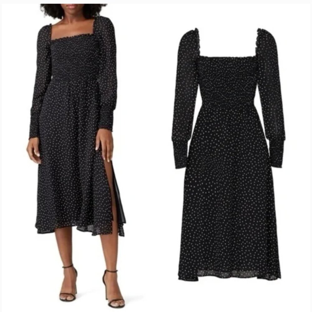 Reformation Rowan Polka Dot Smocked Midi Dress Black White Women's Medium